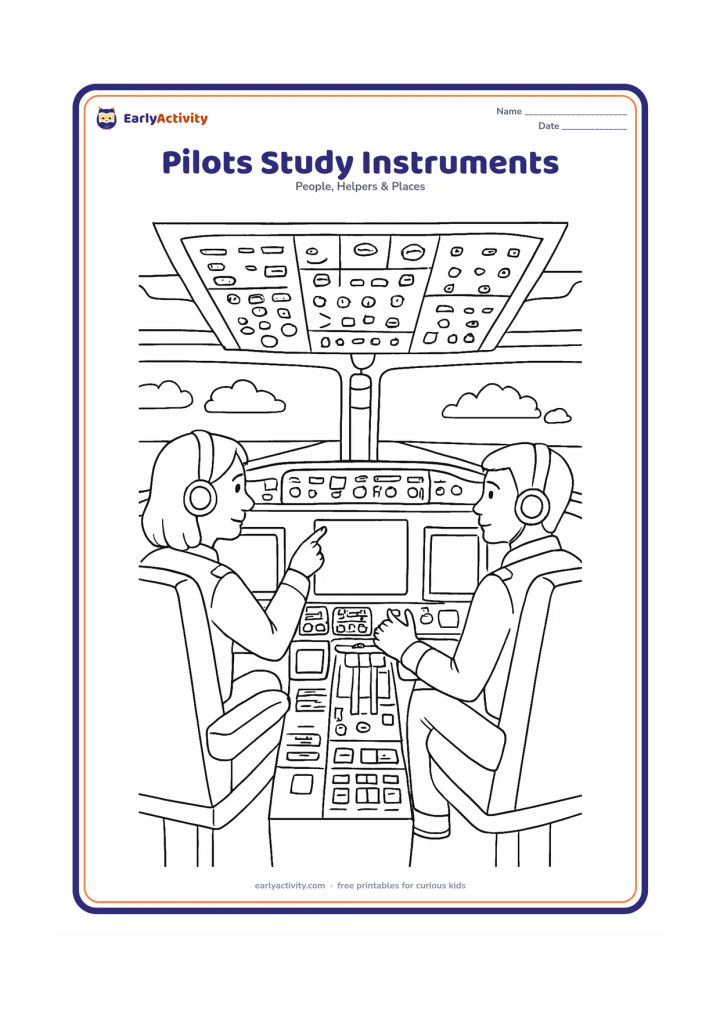 Colouring page: Two pilots work together in a detailed cockpit, with one pointing toward a large blank display and the other holding the controls. Show overhead panels, seats, windows, clouds and a…