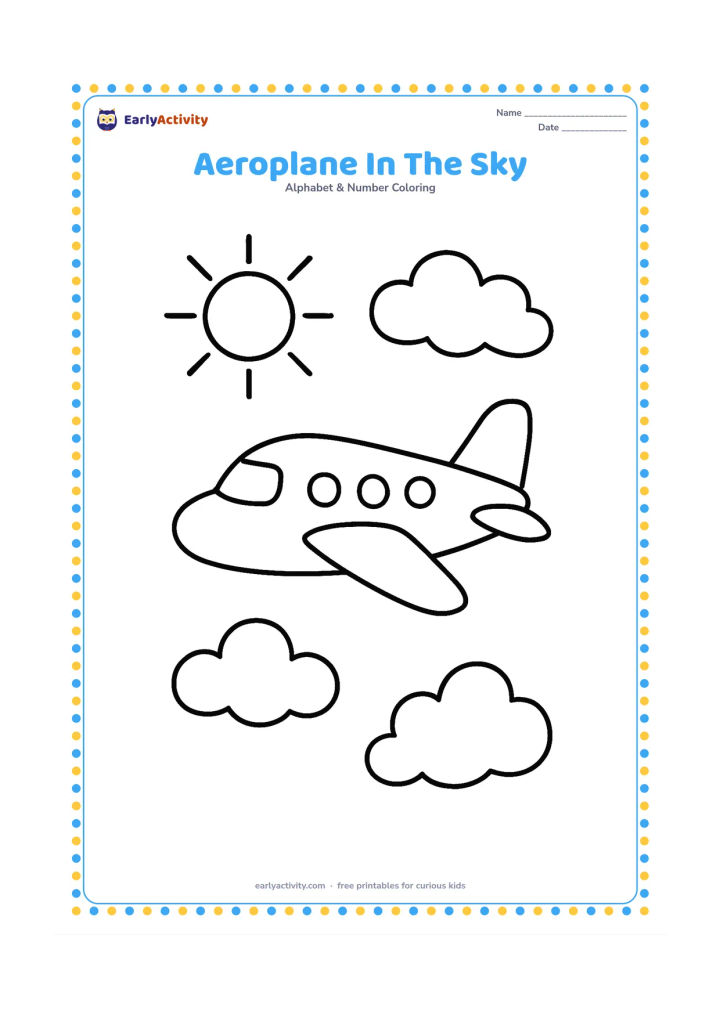 Colouring page: Draw a friendly passenger aeroplane flying across the page with three large clouds and a simple sun. Show the aeroplane in side view with clear windows but no markings or writing.