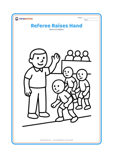 Colouring page: A friendly referee stands beside the court and raises one hand while a raider and two defenders pause nearby. Include a simple boundary line and a few spectators seated on a low stand.