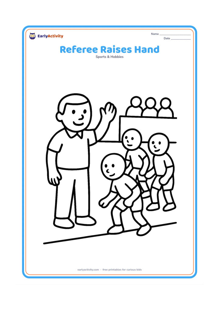 Colouring page: A friendly referee stands beside the court and raises one hand while a raider and two defenders pause nearby. Include a simple boundary line and a few spectators seated on a low stand.
