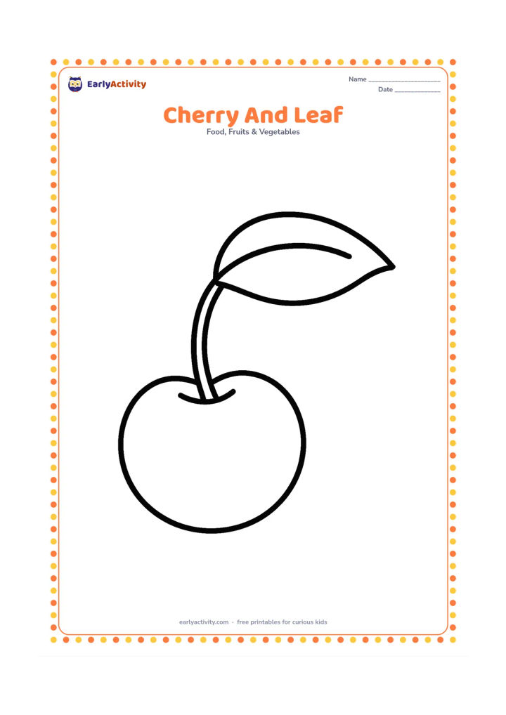 Colouring page: Draw one large cherry beside a single oversized leaf and a short curved stem, centered with open space.