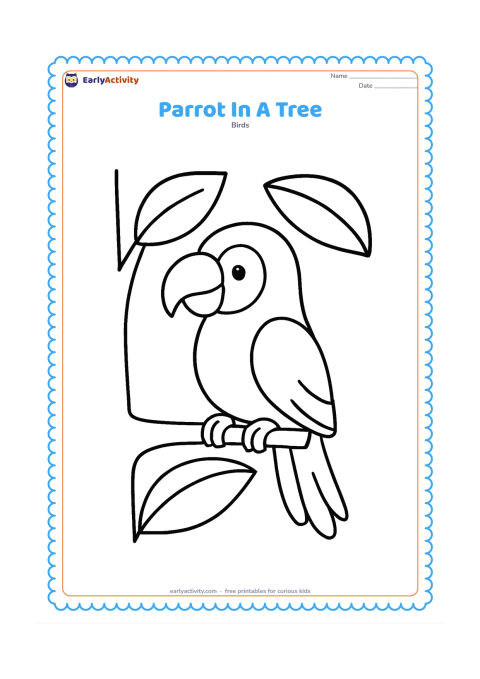 Colouring page: Draw one large parrot nestled between a thick tree trunk and two oversized leaves. Show its feet holding a short branch and its curved beak in side view.