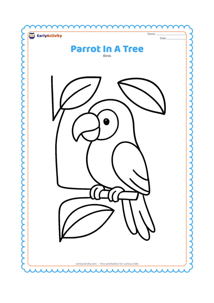 Colouring page: Draw one large parrot nestled between a thick tree trunk and two oversized leaves. Show its feet holding a short branch and its curved beak in side view.