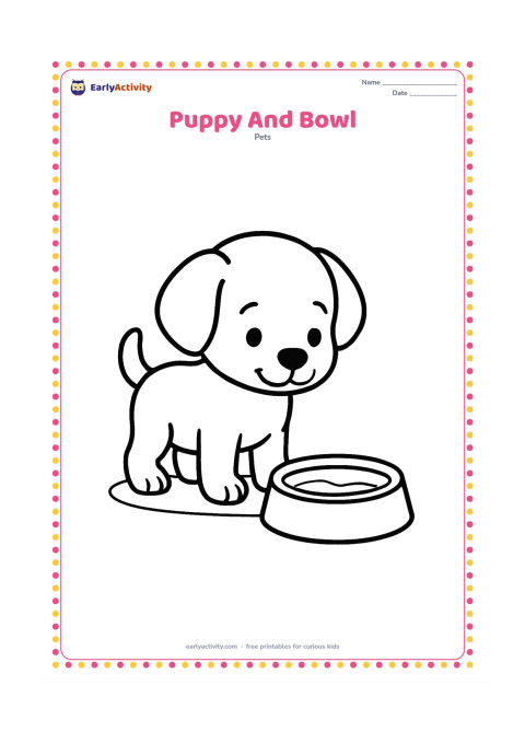 Colouring page: Draw a standing puppy looking down at one wide water bowl, with a few simple curved water lines inside. Add a small ground patch beneath them.