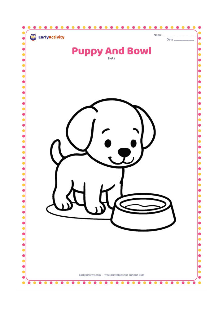 Colouring page: Draw a standing puppy looking down at one wide water bowl, with a few simple curved water lines inside. Add a small ground patch beneath them.