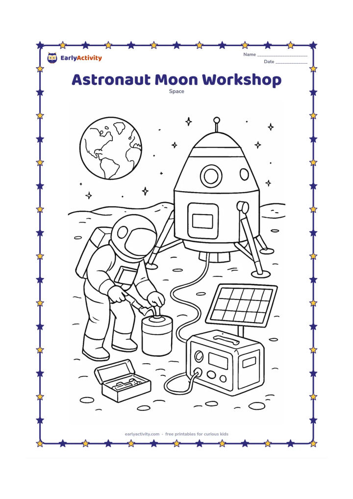 Colouring page: Draw an astronaut working beside a lunar lander and a portable workshop on a cratered moon surface. Include tool cases, a sample container, cables, solar panels, Earth in the sky and…