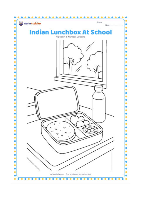 Colouring page: Draw an open tiffin lunch box on a classroom desk with chapati, fruit and a small bowl of vegetables. Show a window with trees outside and a plain water bottle beside the lunch box.