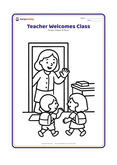Colouring page: A smiling teacher stands at the classroom door, waving to two children carrying school bags. Show a simple doorway, a small mat, and one desk with a closed book.