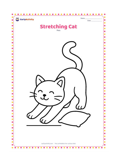 Colouring page: Draw a cat stretching forward with its front paws extended, back gently arched, and tail raised. Include only a small floor line and one simple cushion.