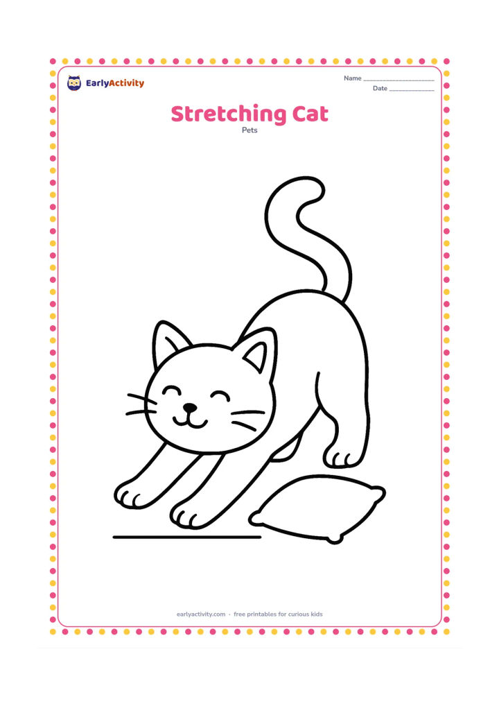 Colouring page: Draw a cat stretching forward with its front paws extended, back gently arched, and tail raised. Include only a small floor line and one simple cushion.