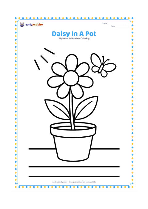 Colouring page: A large daisy grows from a simple flowerpot, with two leaves and a butterfly nearby. Place the pot on a broad windowsill with a few sunshine rays.