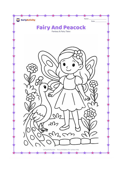 Colouring page: A fairy stands beside a peacock with its tail gently opened behind them. Place both in a garden with marigold-like flowers, leafy plants and a low stone border.