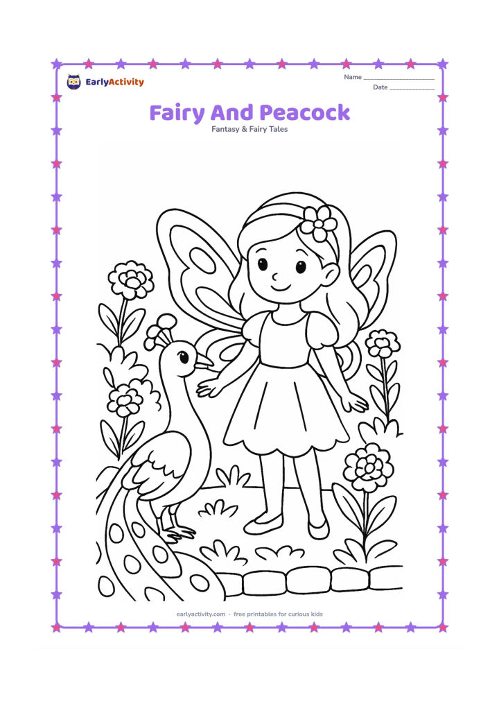 Colouring page: A fairy stands beside a peacock with its tail gently opened behind them. Place both in a garden with marigold-like flowers, leafy plants and a low stone border.