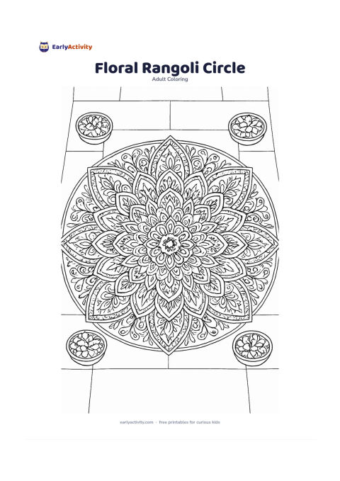 Colouring page: Draw a large circular rangoli-inspired flower pattern made from petals, leaves, vines and symmetrical geometric shapes on a home entrance floor. Place small bowls of loose petals around…