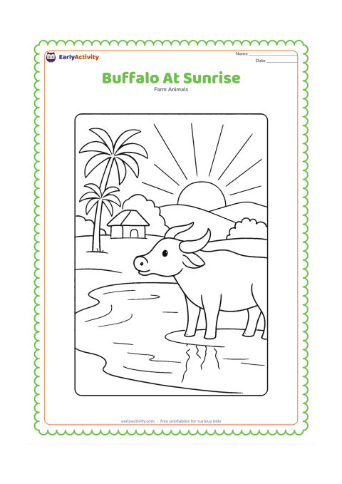 Colouring page: Draw a buffalo looking across a farm pond at sunrise, with its reflection softly suggested by a few water lines. Include palm trees, a small hut and wide rays around the rising sun.