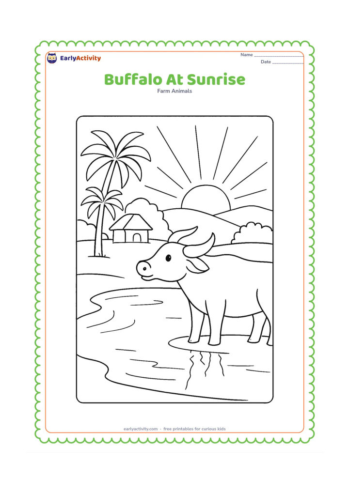 Colouring page: Draw a buffalo looking across a farm pond at sunrise, with its reflection softly suggested by a few water lines. Include palm trees, a small hut and wide rays around the rising sun.