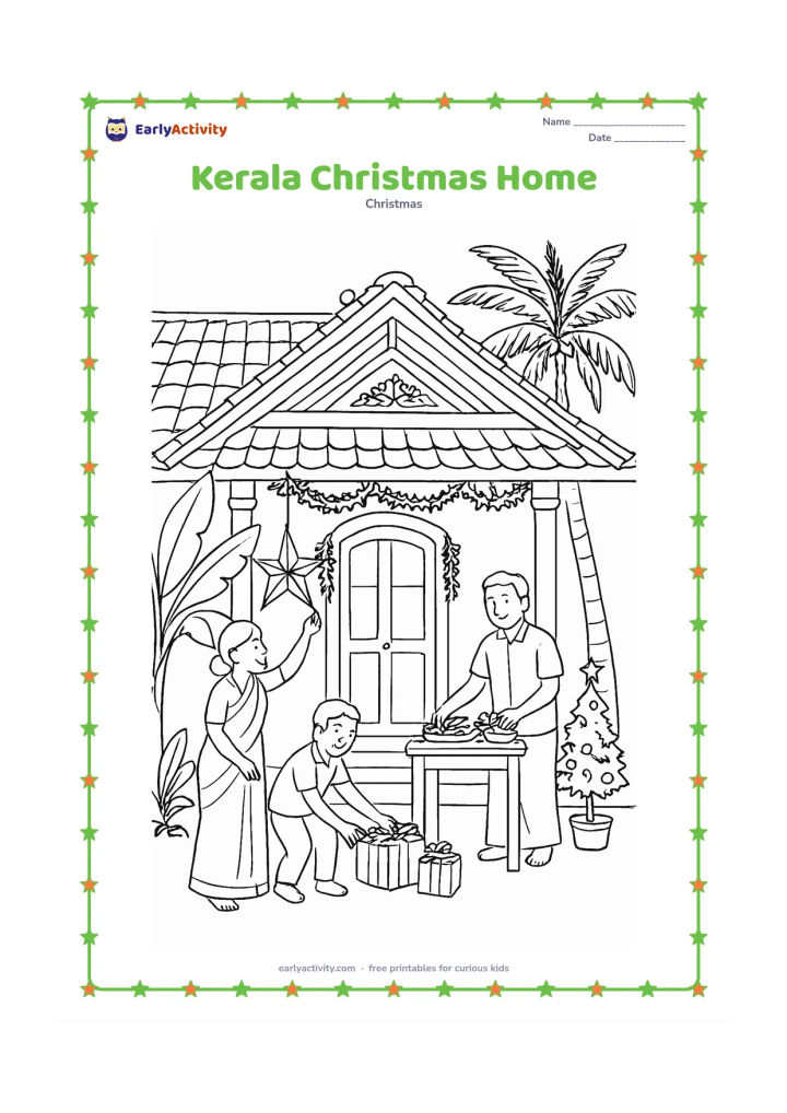 Colouring page: A family decorates the front of a Kerala-style home with a star lantern, banana and coconut plants, evergreen garlands, and a small Christmas tree on the veranda. One person places gifts…