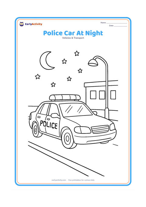 Colouring page: Draw a police car parked on a quiet road at night, shown in a three-quarter front view with headlights, roof lights, mirrors and windshield reflections. Add a crescent moon, stars, a…
