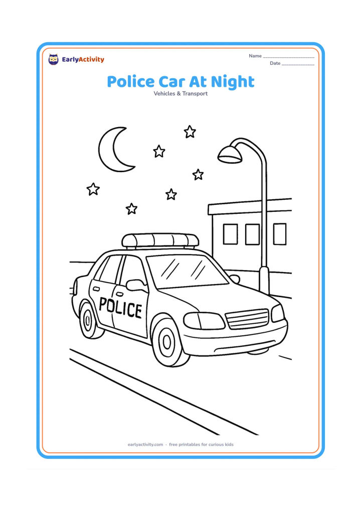 Colouring page: Draw a police car parked on a quiet road at night, shown in a three-quarter front view with headlights, roof lights, mirrors and windshield reflections. Add a crescent moon, stars, a…