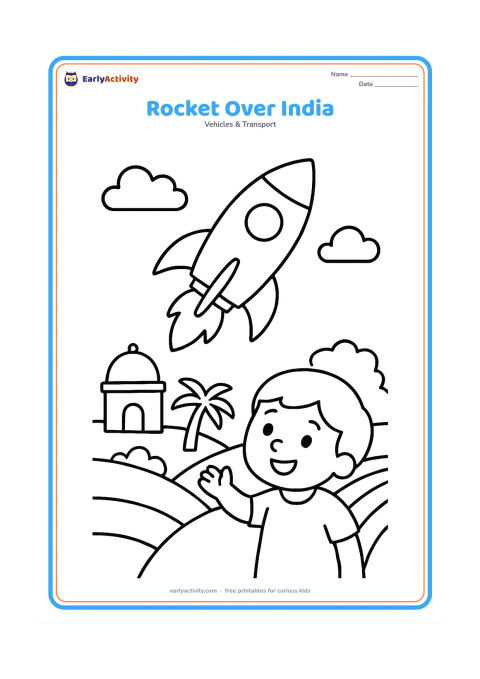 Colouring page: Draw a large rocket rising above a simple Indian village scene with a small domed building, palm tree, fields and a waving child watching from below.