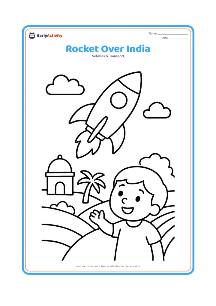 Colouring page: Draw a large rocket rising above a simple Indian village scene with a small domed building, palm tree, fields and a waving child watching from below.