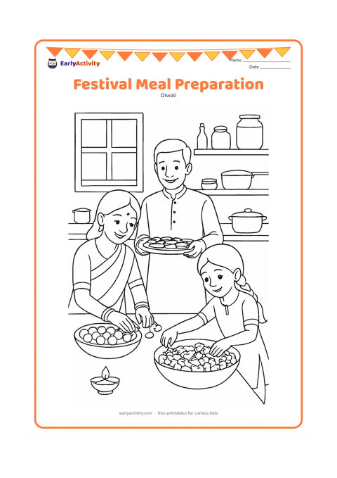 Colouring page: Draw family members preparing a festive meal in a tidy Indian kitchen, with one person arranging sweets, another carrying a tray, and a child placing flower petals in a bowl. Include…