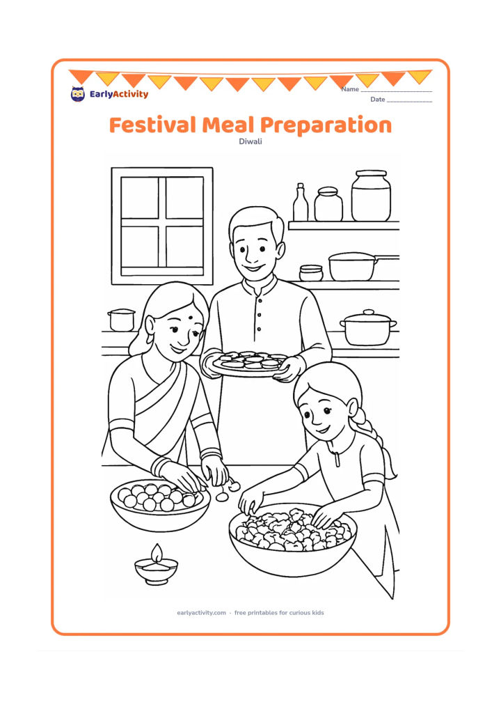 Colouring page: Draw family members preparing a festive meal in a tidy Indian kitchen, with one person arranging sweets, another carrying a tray, and a child placing flower petals in a bowl. Include…