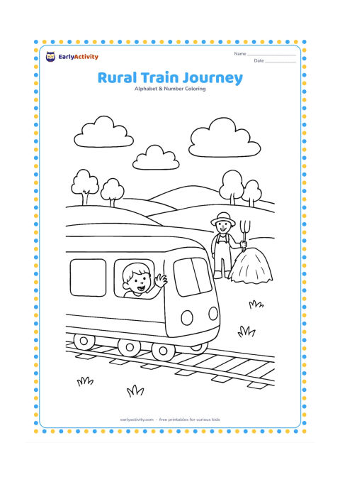 Colouring page: Draw a small passenger train moving past green fields, with a child waving from one large window, a farmer near a hay bundle and distant trees. Keep the train side plain with no symbols…