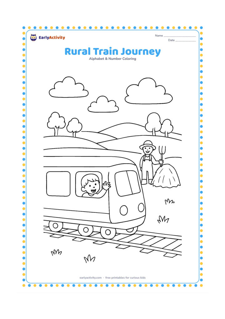 Colouring page: Draw a small passenger train moving past green fields, with a child waving from one large window, a farmer near a hay bundle and distant trees. Keep the train side plain with no symbols…