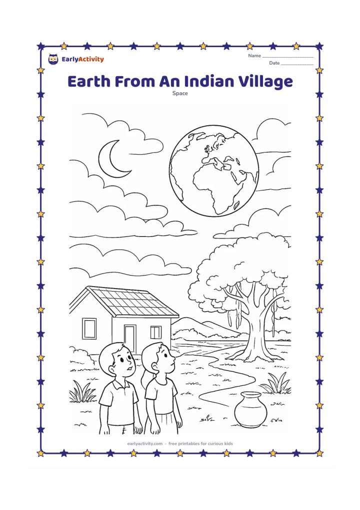 Colouring page: A detailed Earth rises in the evening sky above an Indian village landscape with a small house, banyan tree, fields, a water pot and two children looking upward. Add layered clouds, a…