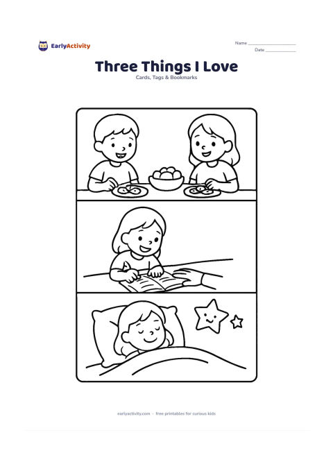 Worksheet: A cheerful card front has three large empty illustrated panels: a shared meal, a helping hand with homework, and a bedtime star scene. Put a blank writing area beneath the panels and…