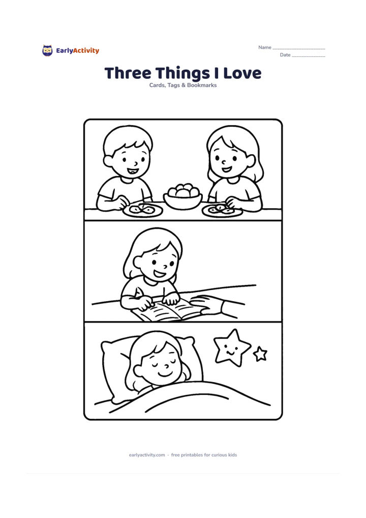 Worksheet: A cheerful card front has three large empty illustrated panels: a shared meal, a helping hand with homework, and a bedtime star scene. Put a blank writing area beneath the panels and…