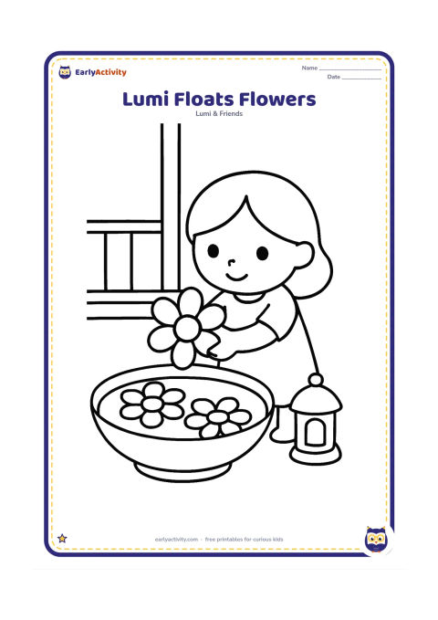 Colouring page: Lumi gently places one large flower into a shallow bowl of water for a festival decoration. Show three oversized floating flowers, a simple veranda and a small lamp beside the bowl.