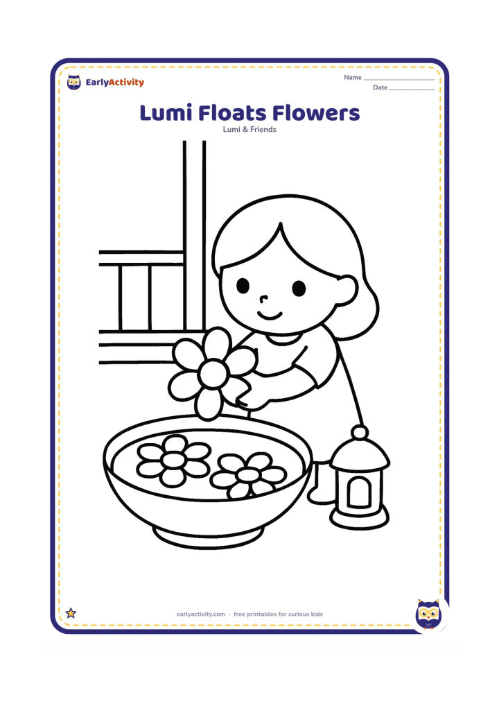 Colouring page: Lumi gently places one large flower into a shallow bowl of water for a festival decoration. Show three oversized floating flowers, a simple veranda and a small lamp beside the bowl.