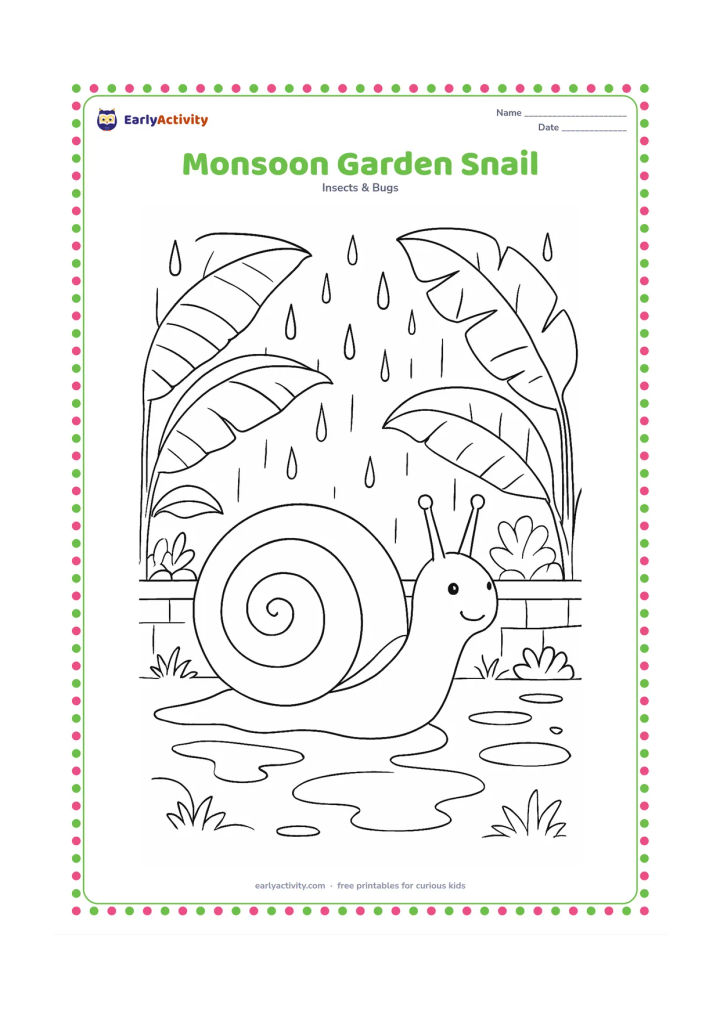 Colouring page: Draw a snail moving through an Indian garden during monsoon weather, with broad banana leaves, puddles, falling raindrops and a low garden wall in the background. Keep the snail prominent.