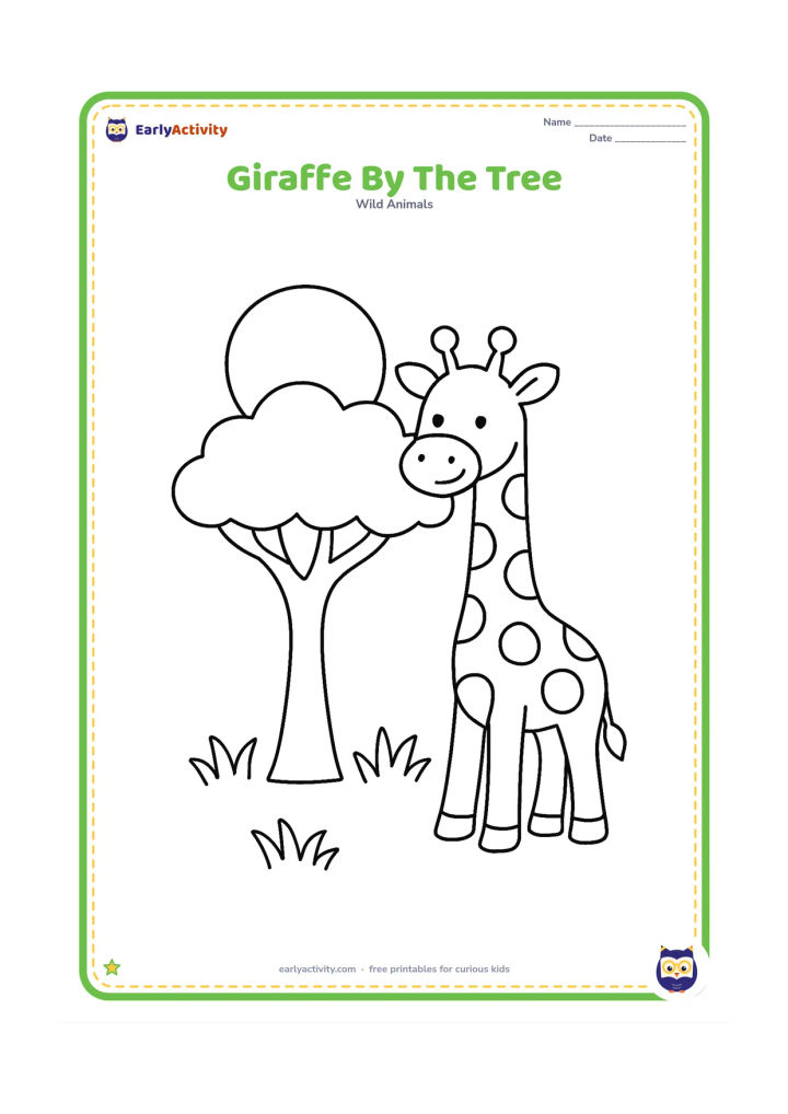 Colouring page: A giraffe stands beside a broad acacia tree with a low leafy canopy. Include a few tufts of grass and a large sun behind the tree.