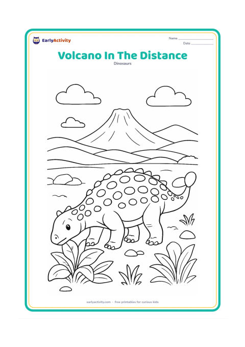 Colouring page: An Ankylosaurus grazes on broad prehistoric plants in the foreground while a calm, non-erupting volcano rises far behind it. Include layered hills, clouds and scattered rocks.