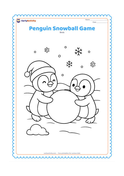 Colouring page: Draw two friendly penguins rolling a large snowball together on a snowy plain. Include a small pile of snow, rounded hills, and a few soft snowflakes in the sky.