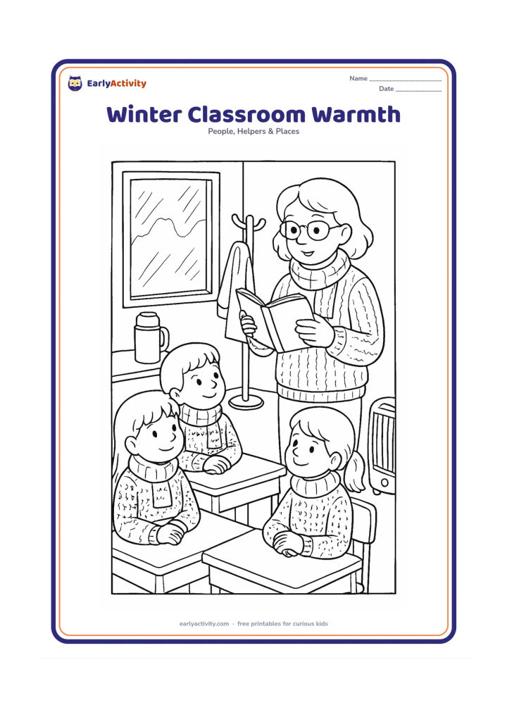 Colouring page: On a cool winter morning, a teacher reads aloud while children sit at desks wearing sweaters and scarves. Include a window with misty glass, a coat rack, a thermos, a heater and shelves…