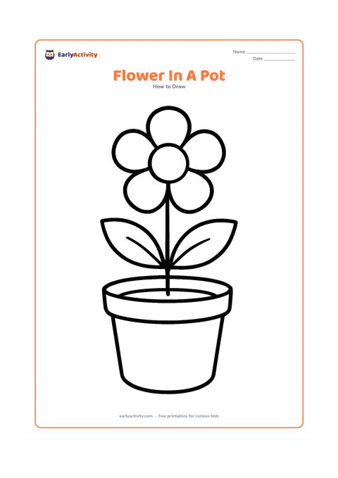 Worksheet: A single five-petal flower grows from a round plant pot, with a straight stem and two oversized leaves. Add a simple curved soil line inside the pot.