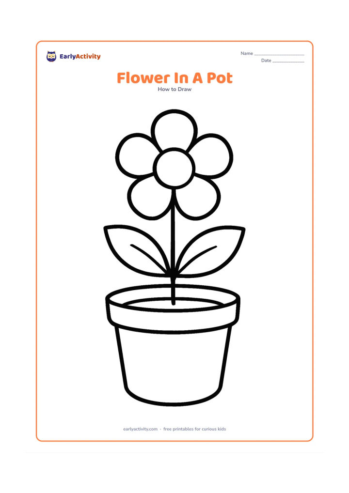 Worksheet: A single five-petal flower grows from a round plant pot, with a straight stem and two oversized leaves. Add a simple curved soil line inside the pot.