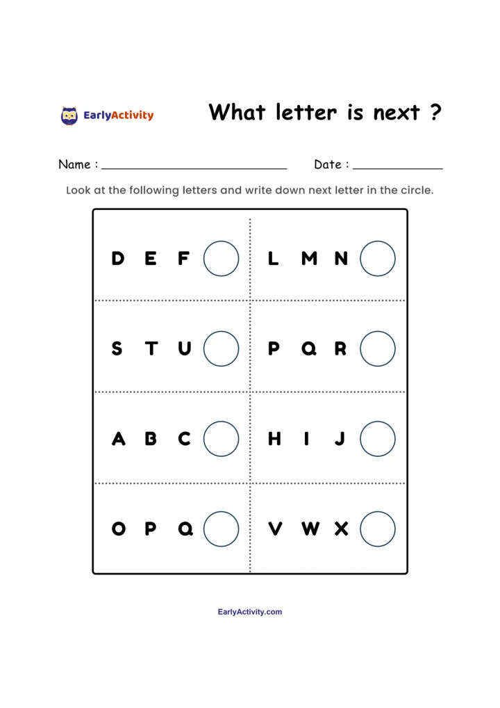Worksheet with eight groups of three consecutive letters and empty circles for children to write the next letter.