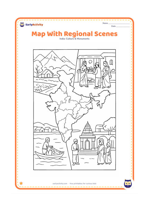 Colouring page: Draw a detailed central India map divided into broad regions, with small scene panels around it showing Himalayan hills, a village field, a busy but calm market, a coastal fishing area,…