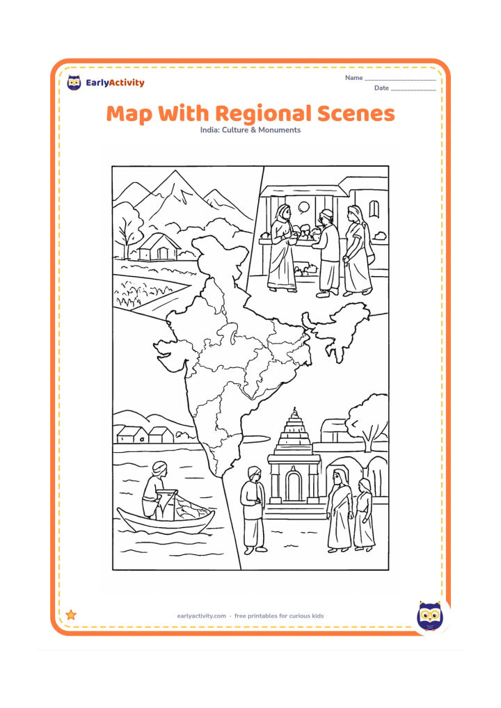 Colouring page: Draw a detailed central India map divided into broad regions, with small scene panels around it showing Himalayan hills, a village field, a busy but calm market, a coastal fishing area,…