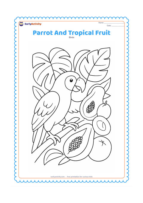 Colouring page: Draw a parrot reaching from a branch toward a cluster of papaya, guava, and coconut pieces, with large tropical leaves behind it. Show one foot gripping the branch and the other raised…