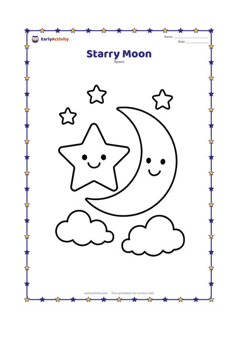 Colouring page: A large five-pointed star beside a friendly crescent Moon, floating among a few rounded clouds and small stars. Place both main shapes low enough to leave generous open space above.