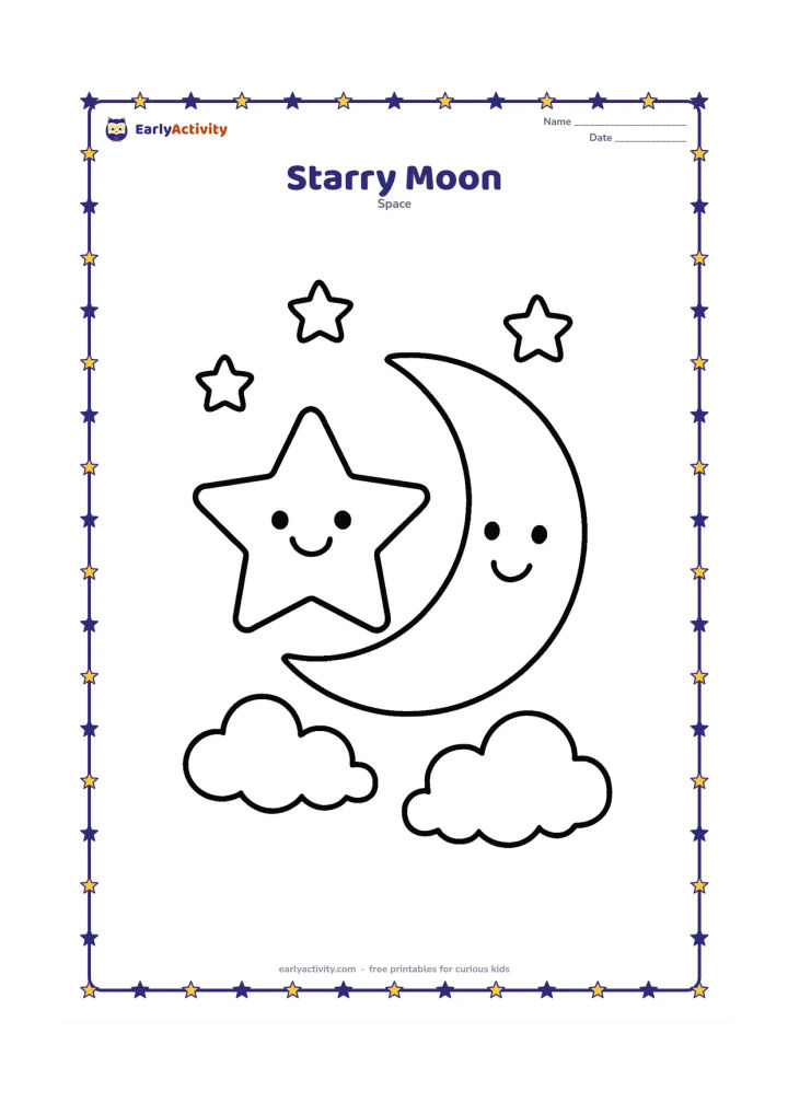 Colouring page: A large five-pointed star beside a friendly crescent Moon, floating among a few rounded clouds and small stars. Place both main shapes low enough to leave generous open space above.