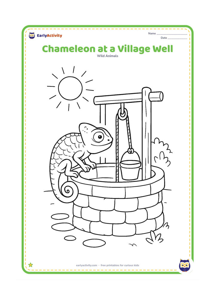 Colouring page: Draw a chameleon sitting on the rounded rim of a traditional Indian village well in the morning, looking toward a hanging rope and bucket. Include a few paving stones, a leafy shrub and…