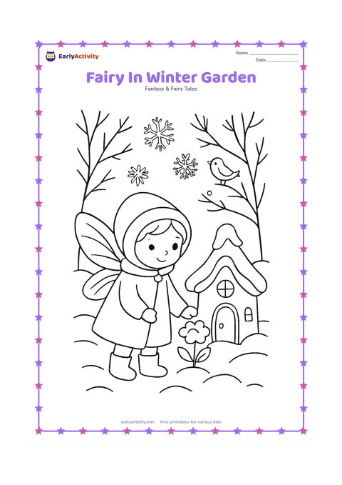 Colouring page: A bundled fairy places a small snow-covered flower beside a fairy house. Add bare branches, rounded snowdrifts, a tiny bird and patterned snowflakes in the sky.