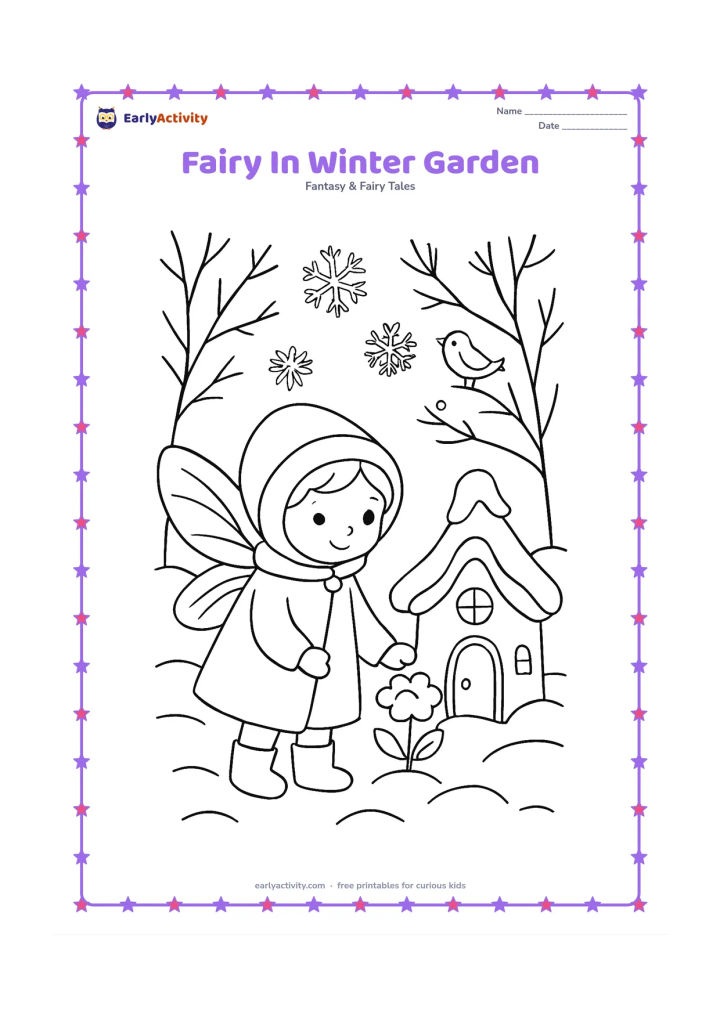 Colouring page: A bundled fairy places a small snow-covered flower beside a fairy house. Add bare branches, rounded snowdrifts, a tiny bird and patterned snowflakes in the sky.